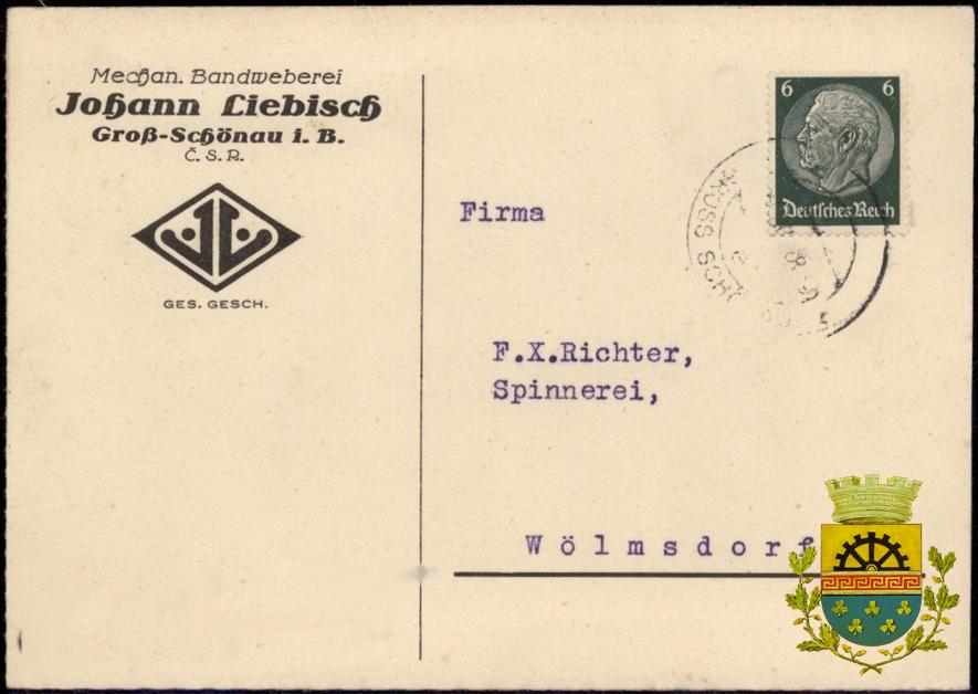 Liebisch Johann poštovní korenspondence prošlá 3.11.1938