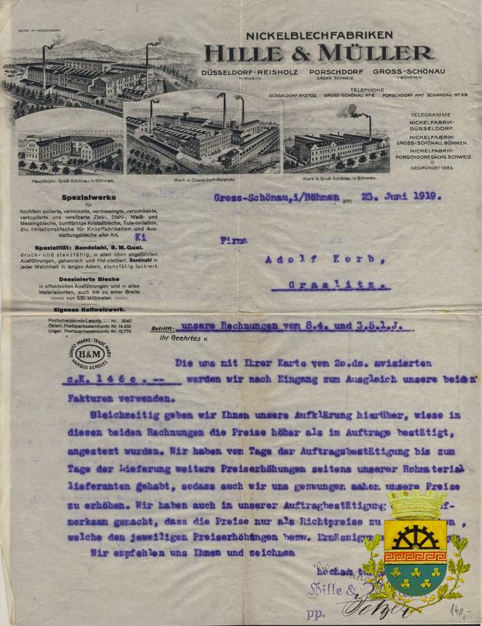 Velký Šenov, hlavičkový list firmy Hille a Müller, 1919