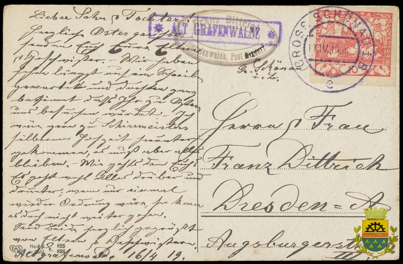 Staré Hraběcí 1919 razítko pošty