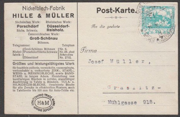 reklamní lístek Hille & Müller Gross-Schönau 1920