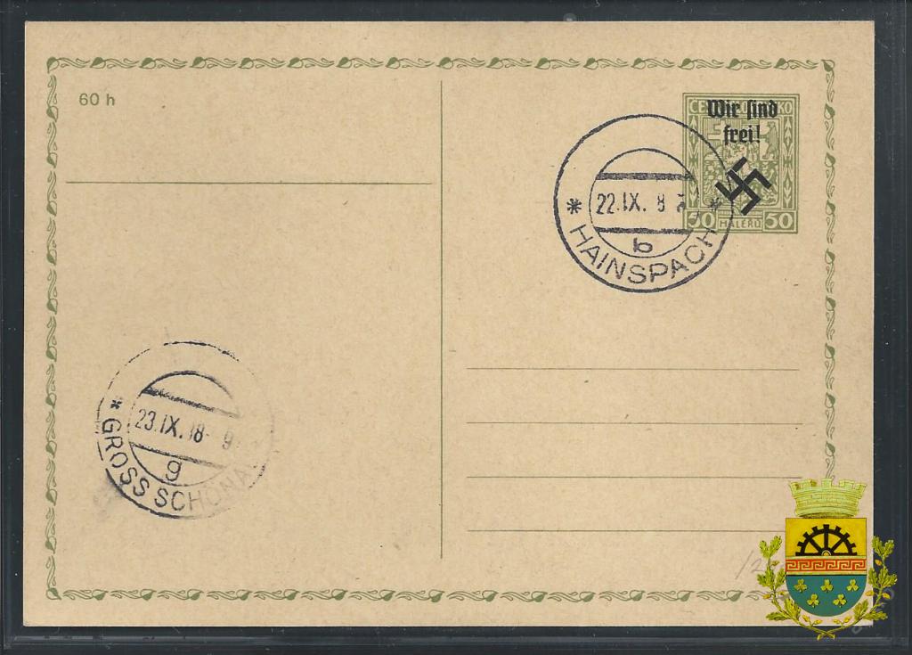 poštovní razítko 23.9.1938 přetisk dopisnice 50 h. Státní znak z roku 1937
