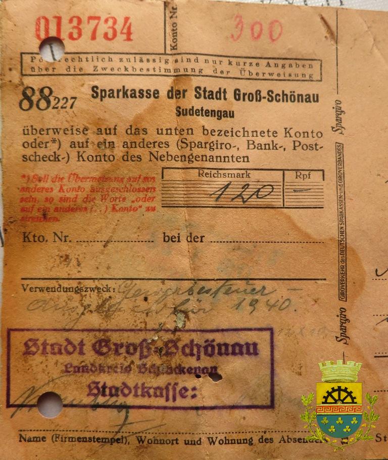 Vkladový lístek z městské pokladny do spořitelny r. 1940