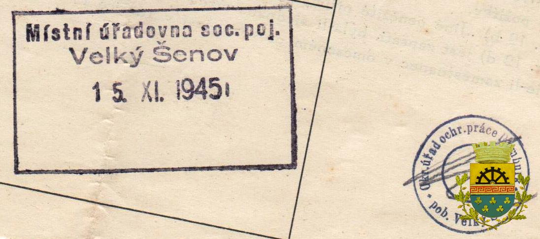 razítko sociálního pojištění Velký Šenov 1945