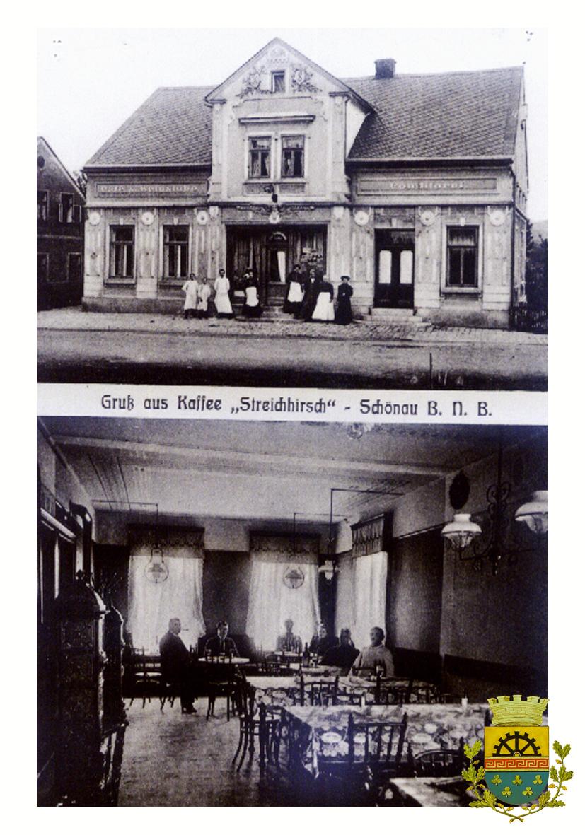 Kavárna pohled z venčí a interiér. Pohlednice vydána v roce 1910