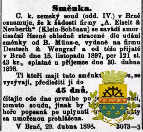 firma EISELTT a NEUBERTH  Malý Šenov SMĚNKA 1898