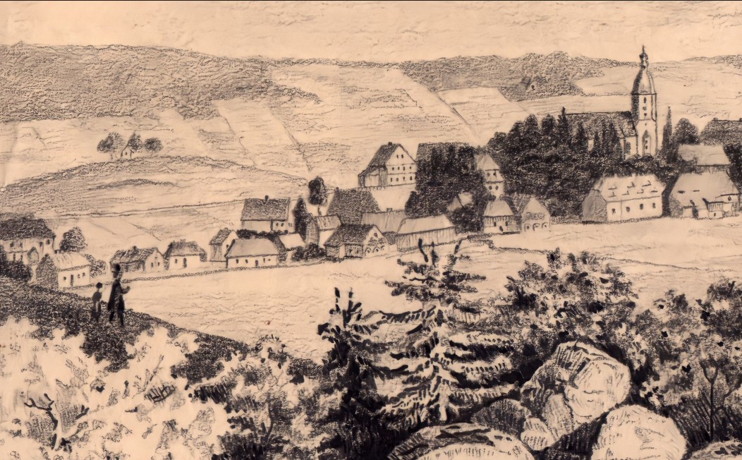Nejstarší vyobrazení kaple na Urbergu z Ferdinandovy výšiny. 1830